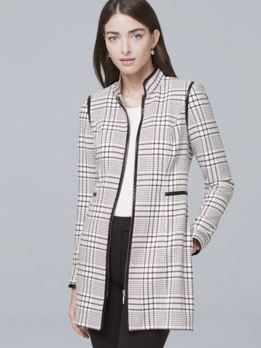 White House Black Market Faux Leather Trim Plaid Zip Front Topper Jacket XSP
